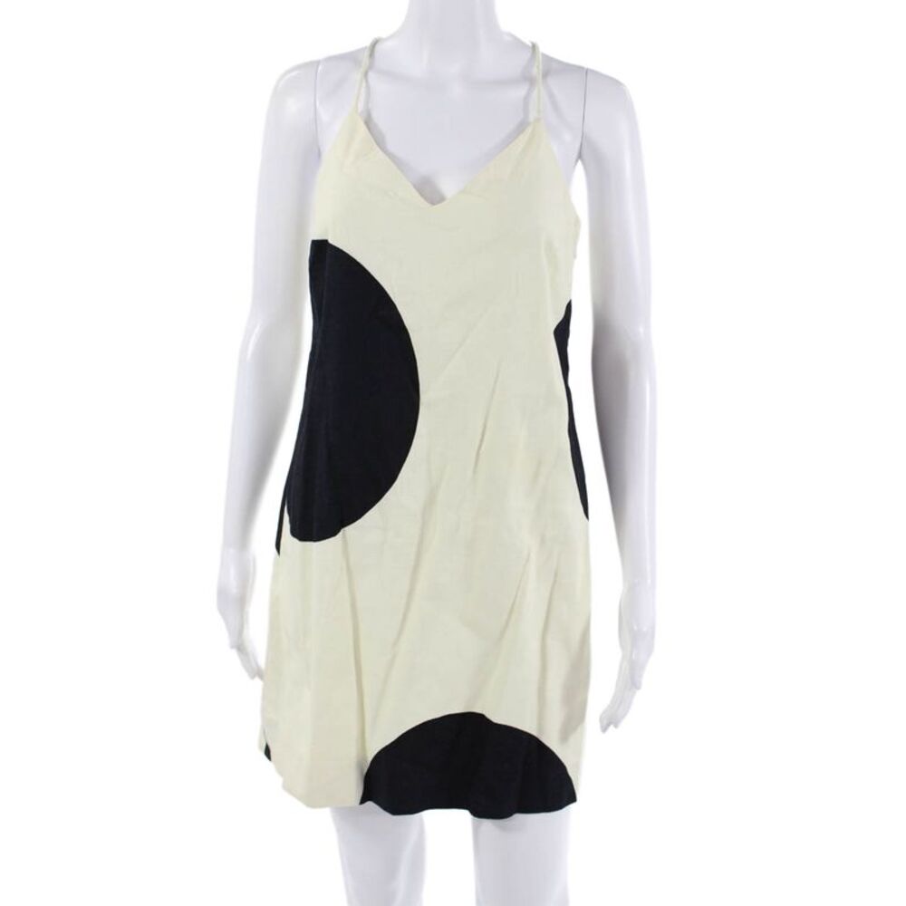J Crew Women Slip Dress Beige Geometric V-Neck Sleeveless Zip Cotton Size 2